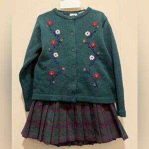 Radishes & Roses Green Embroidered Sweater Plaid Tartan Skirt Set—6 Girls